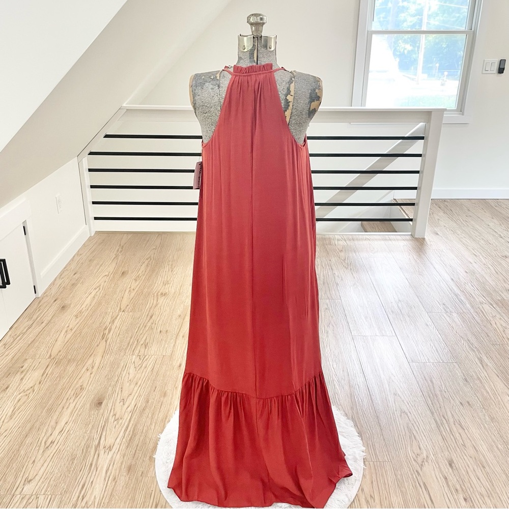 S NINE WEST red brown maroon tiered peasant, double layered maxi dress - Picture 3 of 4
